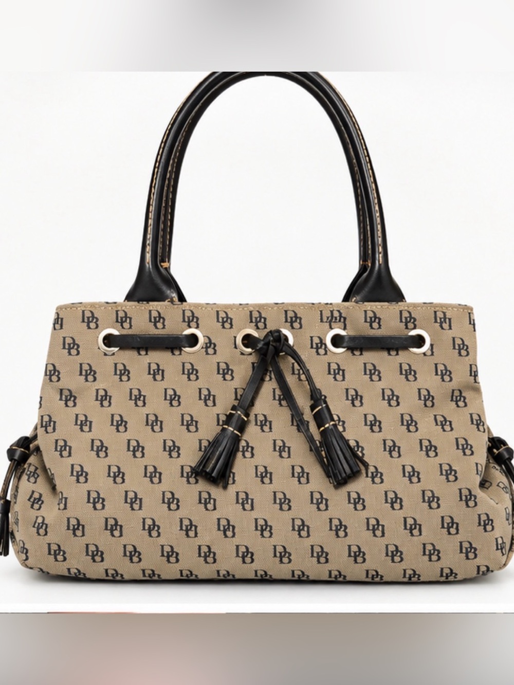 Purse Dooney & Bourke Mini Tassel Tote Signature DB Monogram Handbag Black Tan.